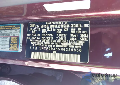 2017 Kia Sorento 3.3L Lx from USA, damaged, VIN 5XYPGDA55HG229856